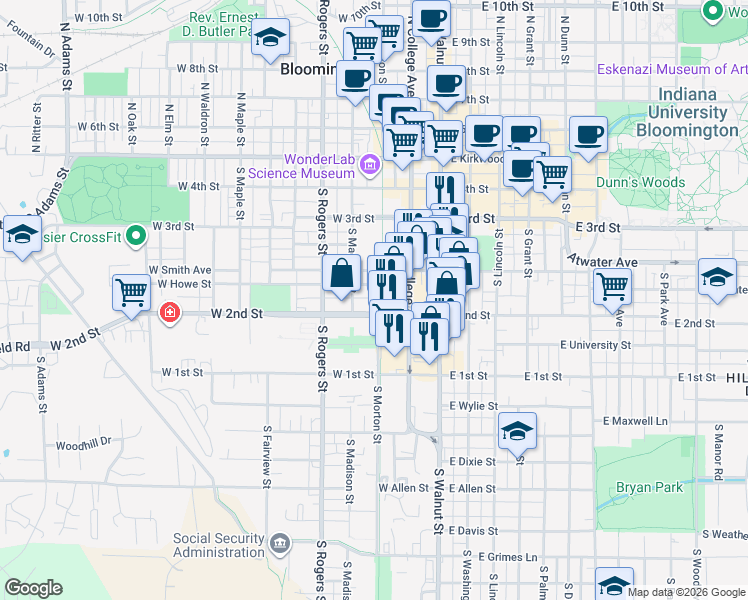 map of restaurants, bars, coffee shops, grocery stores, and more near 510 South Morton Street in Bloomington