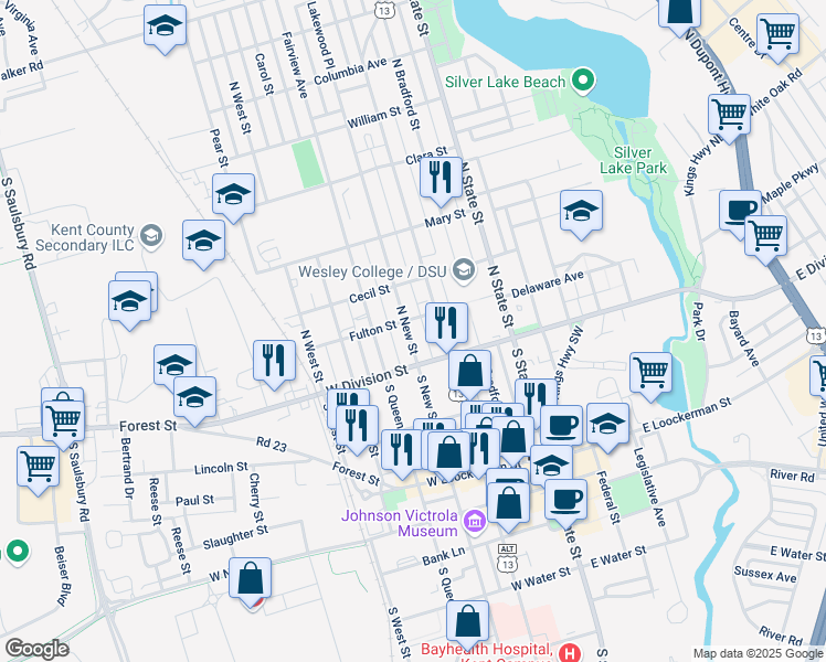 map of restaurants, bars, coffee shops, grocery stores, and more near 31 North New Street in Dover