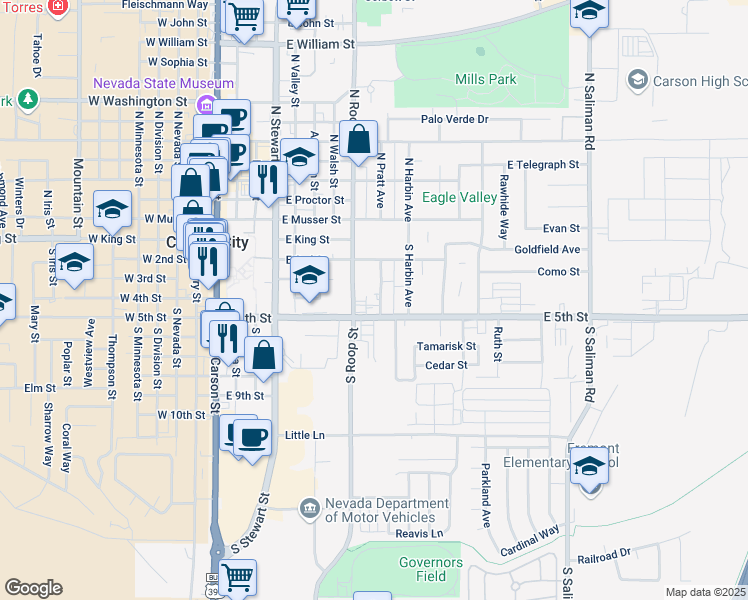 map of restaurants, bars, coffee shops, grocery stores, and more near 209 South Pratt Avenue in Carson City
