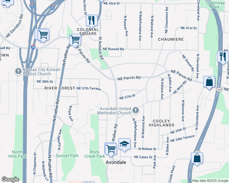 map of restaurants, bars, coffee shops, grocery stores, and more near 3720 Northeast Antioch Road in Kansas City