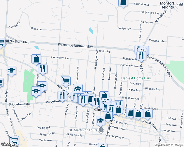 map of restaurants, bars, coffee shops, grocery stores, and more near 3979 Washington Avenue in Cincinnati