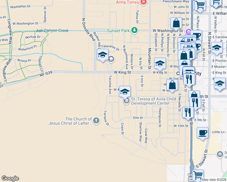 map of restaurants, bars, coffee shops, grocery stores, and more near 1209 West 4th Street in Carson City