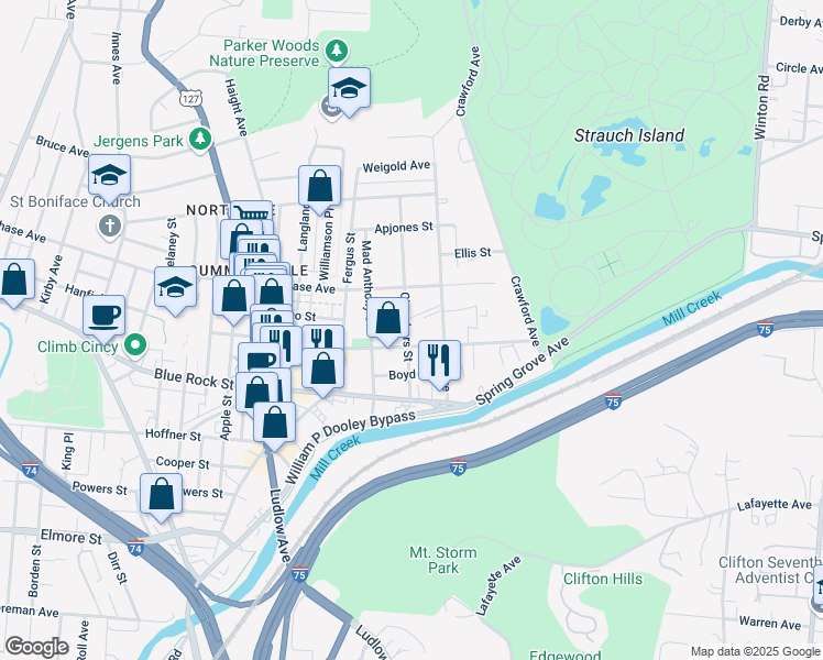 map of restaurants, bars, coffee shops, grocery stores, and more near 4152 Chambers Street in Cincinnati