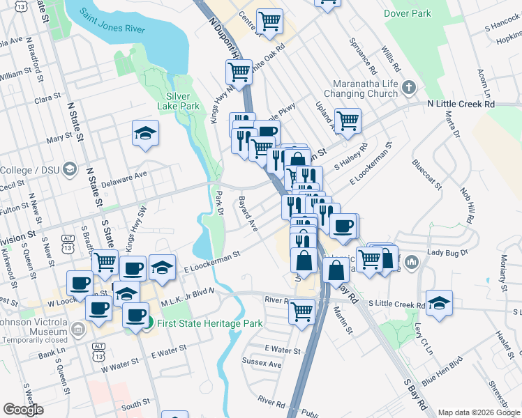 map of restaurants, bars, coffee shops, grocery stores, and more near 521 Greenhill Rd in Dover