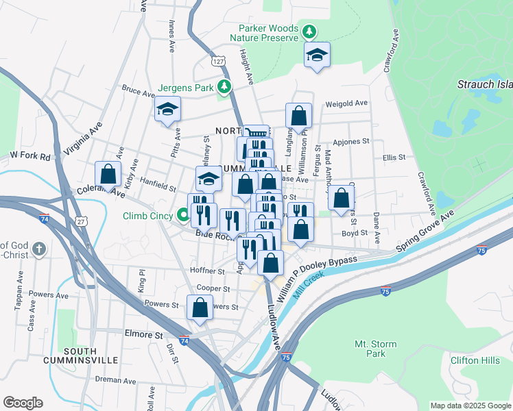 map of restaurants, bars, coffee shops, grocery stores, and more near 1612 Knowlton St in Cincinnati