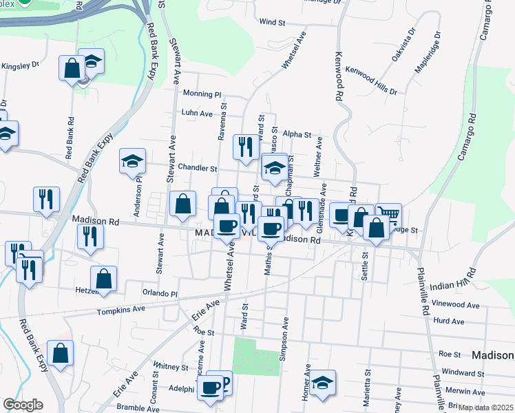 map of restaurants, bars, coffee shops, grocery stores, and more near 5112 Ward Street in Cincinnati