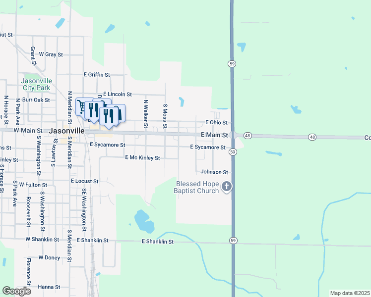 map of restaurants, bars, coffee shops, grocery stores, and more near 713 East Sycamore Street in Jasonville