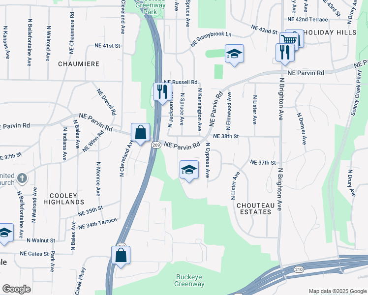 map of restaurants, bars, coffee shops, grocery stores, and more near 4238 Northeast Parvin Road in Kansas City