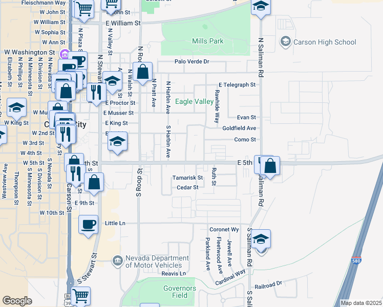 map of restaurants, bars, coffee shops, grocery stores, and more near 401 Allouette Way in Carson City