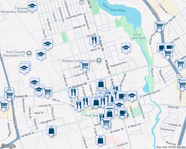map of restaurants, bars, coffee shops, grocery stores, and more near 31 North New Street in Dover