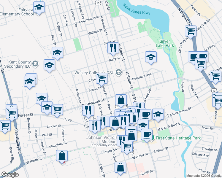 map of restaurants, bars, coffee shops, grocery stores, and more near 31 North New Street in Dover
