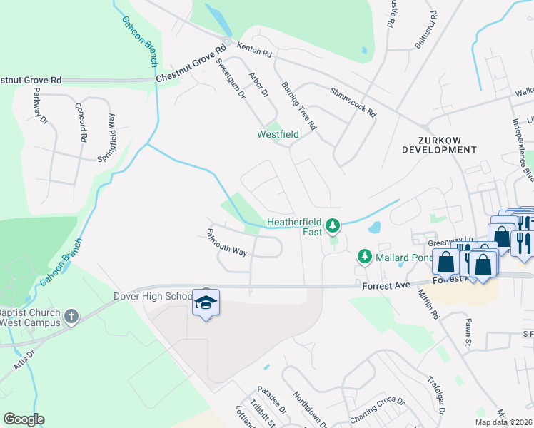 map of restaurants, bars, coffee shops, grocery stores, and more near 158 Stoney Drive in Dover