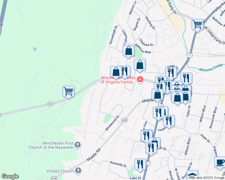 map of restaurants, bars, coffee shops, grocery stores, and more near 922 Meadow Court in Winchester