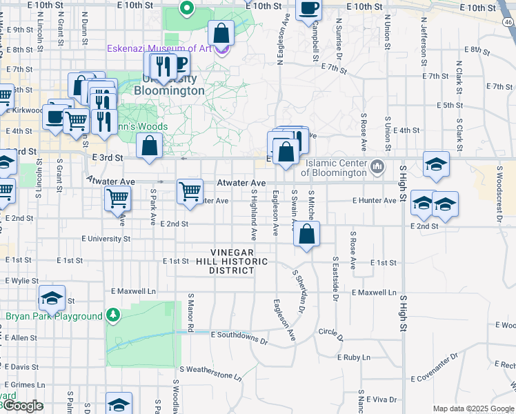 map of restaurants, bars, coffee shops, grocery stores, and more near 1310 East Hunter Avenue in Bloomington