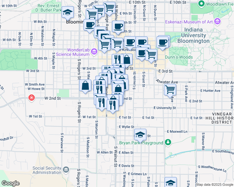 map of restaurants, bars, coffee shops, grocery stores, and more near 413 South Walnut Street in Bloomington