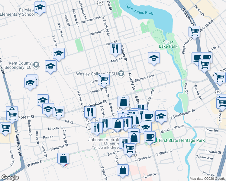 map of restaurants, bars, coffee shops, grocery stores, and more near 31 North New Street in Dover