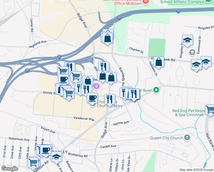 map of restaurants, bars, coffee shops, grocery stores, and more near 4855 Ridge Avenue in Cincinnati
