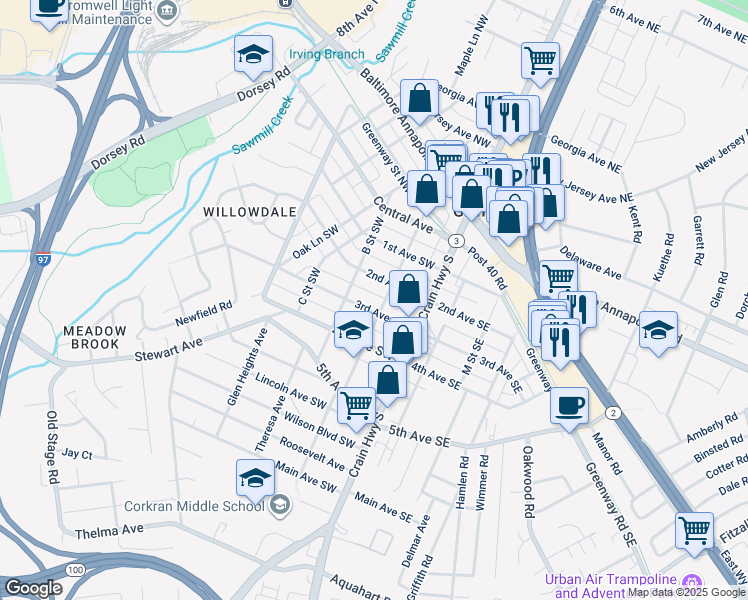 map of restaurants, bars, coffee shops, grocery stores, and more near 100 3rd Avenue Southwest in Glen Burnie