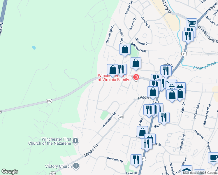 map of restaurants, bars, coffee shops, grocery stores, and more near 922 Meadow Court in Winchester