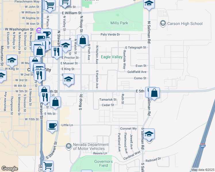 map of restaurants, bars, coffee shops, grocery stores, and more near 401 Allouette Way in Carson City