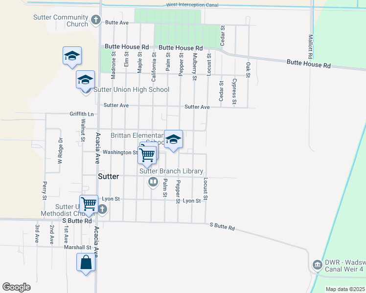 map of restaurants, bars, coffee shops, grocery stores, and more near 2340 Pepper Street in Sutter