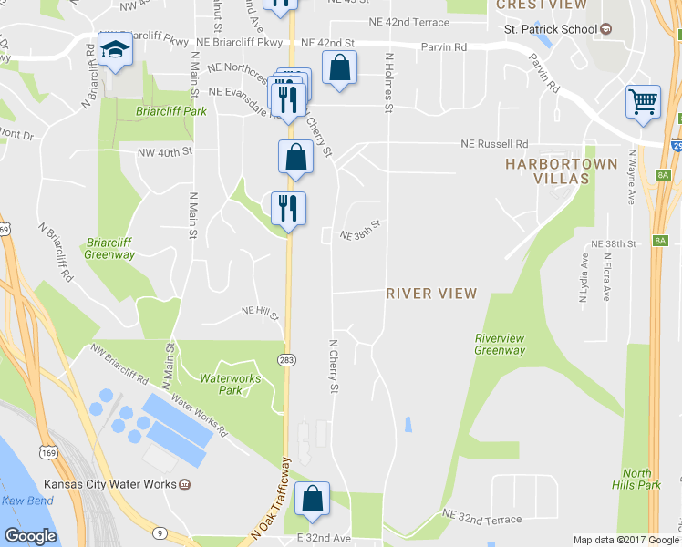 map of restaurants, bars, coffee shops, grocery stores, and more near 3715 North Cherry Street in Kansas City