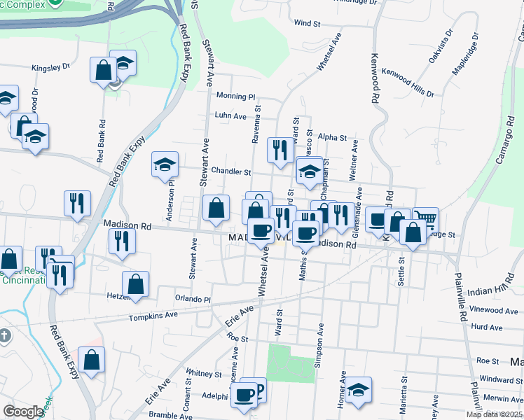 map of restaurants, bars, coffee shops, grocery stores, and more near 5109 Whetsel Avenue in Cincinnati