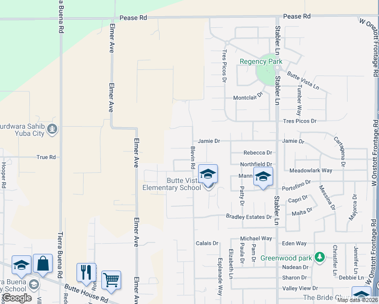 map of restaurants, bars, coffee shops, grocery stores, and more near 1908 Cole Court in Yuba City