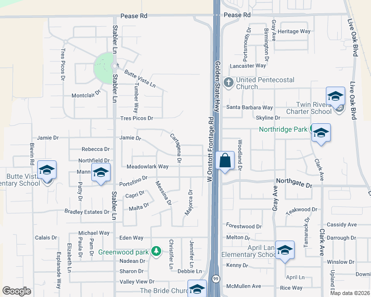 map of restaurants, bars, coffee shops, grocery stores, and more near 2088 Pheasant Drive in Yuba City