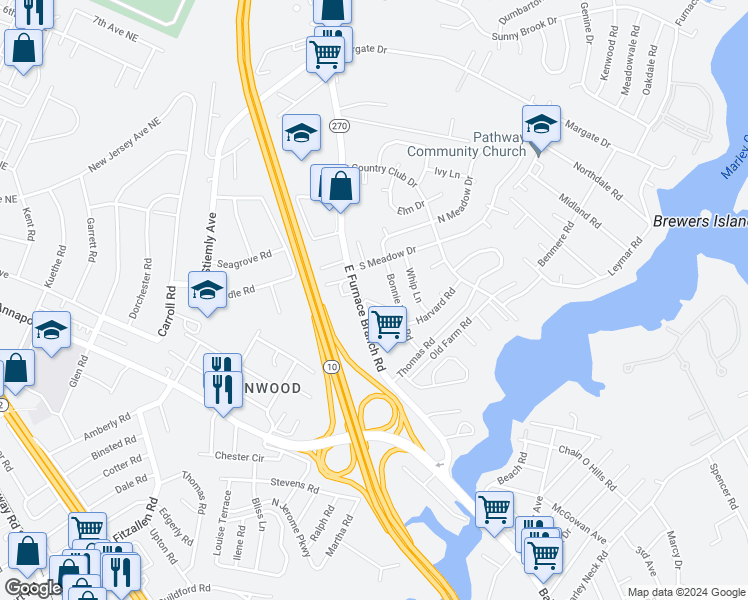 map of restaurants, bars, coffee shops, grocery stores, and more near 7467 East Furnace Branch Road in Glen Burnie