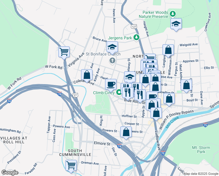 map of restaurants, bars, coffee shops, grocery stores, and more near 4100 Colerain Avenue in Cincinnati