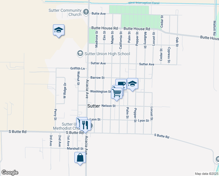 map of restaurants, bars, coffee shops, grocery stores, and more near 2332 Maple Street in Sutter