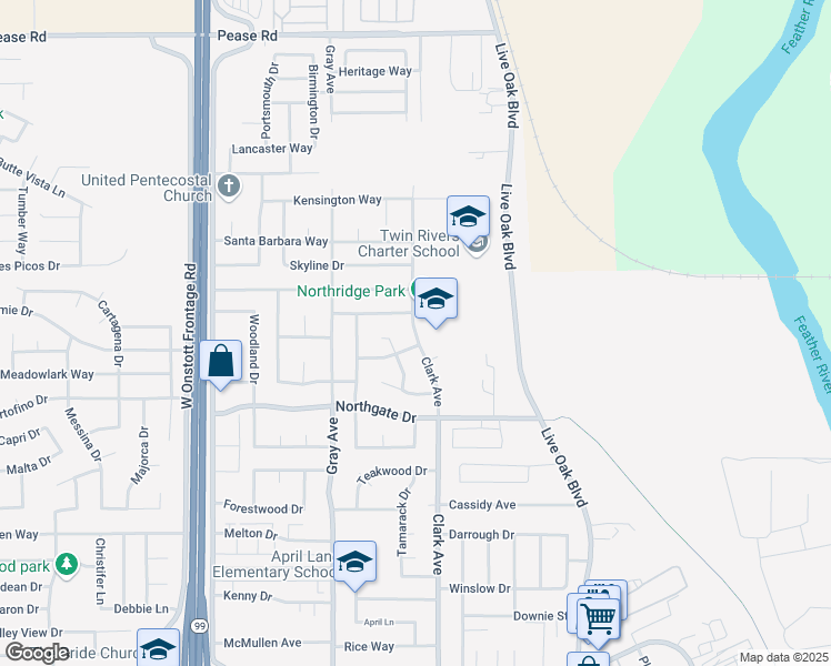 map of restaurants, bars, coffee shops, grocery stores, and more near 1877 Clark Avenue in Yuba City