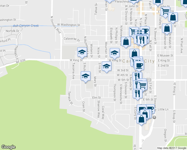 map of restaurants, bars, coffee shops, grocery stores, and more near 232 Mary Street in Carson City