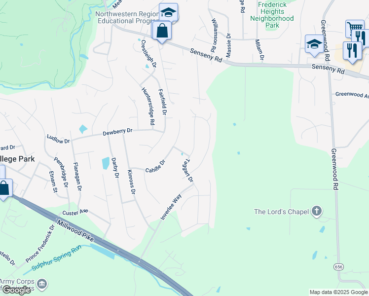 map of restaurants, bars, coffee shops, grocery stores, and more near 105 Doolin Avenue in Winchester