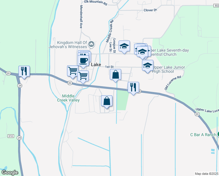 map of restaurants, bars, coffee shops, grocery stores, and more near 490 East Highway 20 in Upper Lake