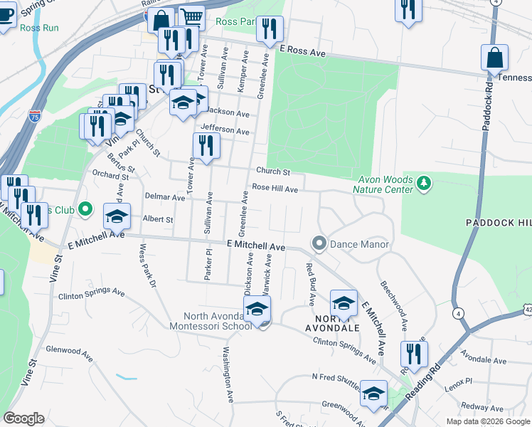 map of restaurants, bars, coffee shops, grocery stores, and more near 4265 Dartmouth Drive in Cincinnati