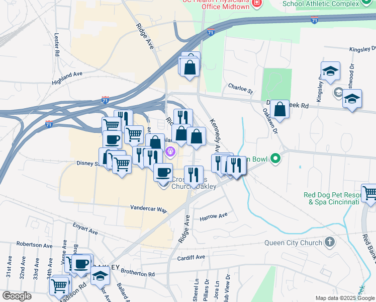 map of restaurants, bars, coffee shops, grocery stores, and more near 4855 Ridge Avenue in Cincinnati