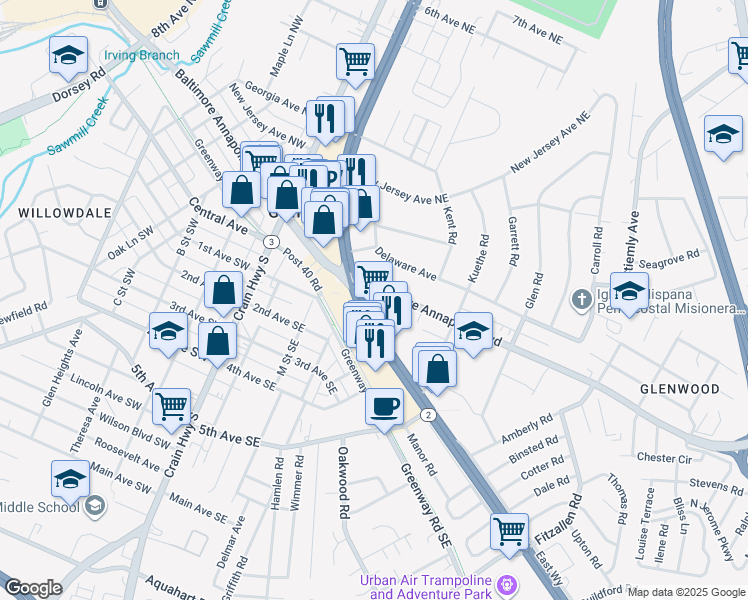 map of restaurants, bars, coffee shops, grocery stores, and more near 7501 Ritchie Highway in Glen Burnie