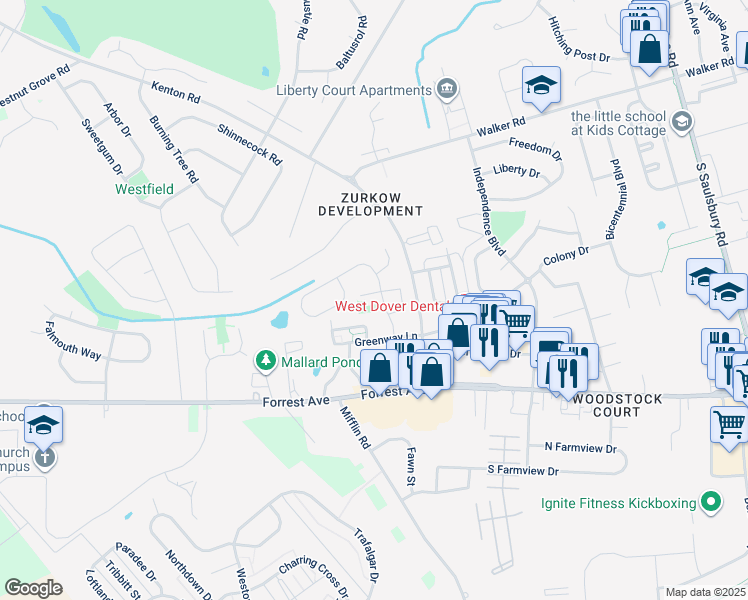 map of restaurants, bars, coffee shops, grocery stores, and more near 12 Periwinkle Court in Dover