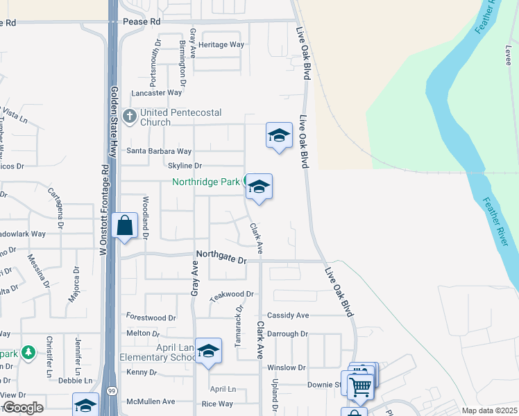map of restaurants, bars, coffee shops, grocery stores, and more near 1875 Clark Avenue in Yuba City