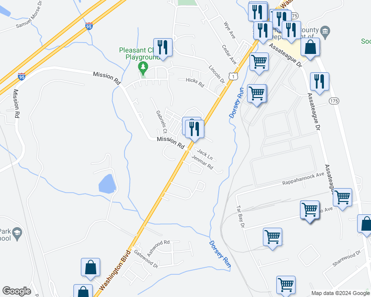 map of restaurants, bars, coffee shops, grocery stores, and more near 8101 Mission Road in Jessup