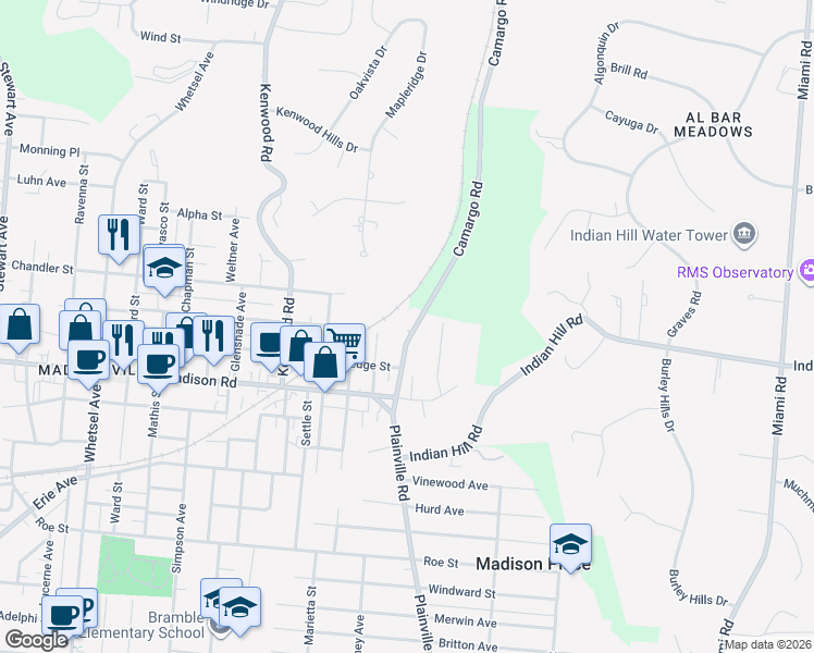 map of restaurants, bars, coffee shops, grocery stores, and more near 5135 Camargo Pike in Cincinnati