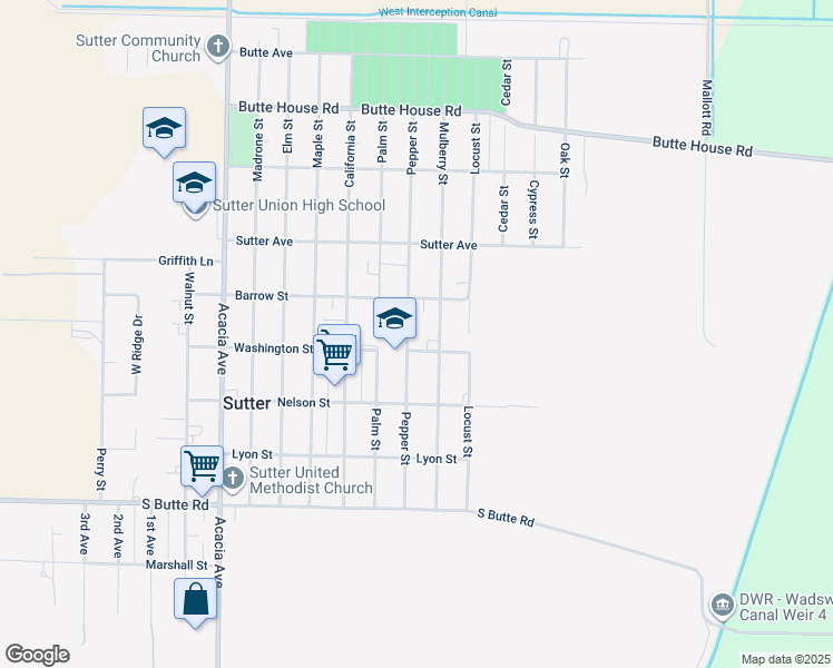 map of restaurants, bars, coffee shops, grocery stores, and more near 2340 Pepper Street in Sutter