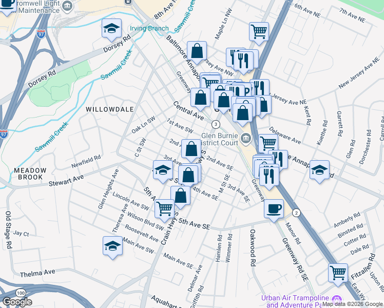 map of restaurants, bars, coffee shops, grocery stores, and more near 7 2nd Avenue Southwest in Glen Burnie