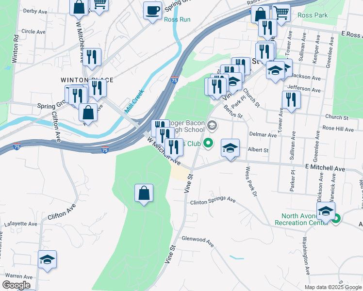map of restaurants, bars, coffee shops, grocery stores, and more near 35 Wuest Street in Cincinnati