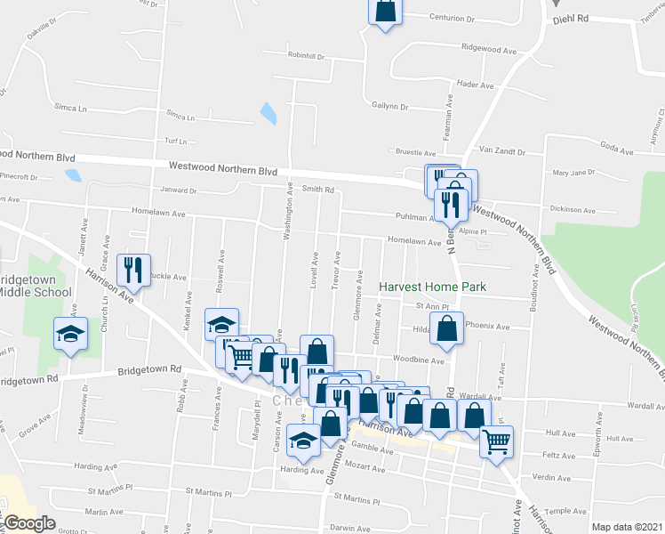 map of restaurants, bars, coffee shops, grocery stores, and more near 3963 Trevor Avenue in Cheviot