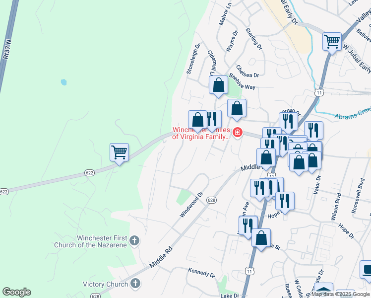 map of restaurants, bars, coffee shops, grocery stores, and more near 2317 Stoneridge Road in Winchester
