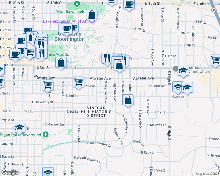 map of restaurants, bars, coffee shops, grocery stores, and more near 1310 East Hunter Avenue in Bloomington