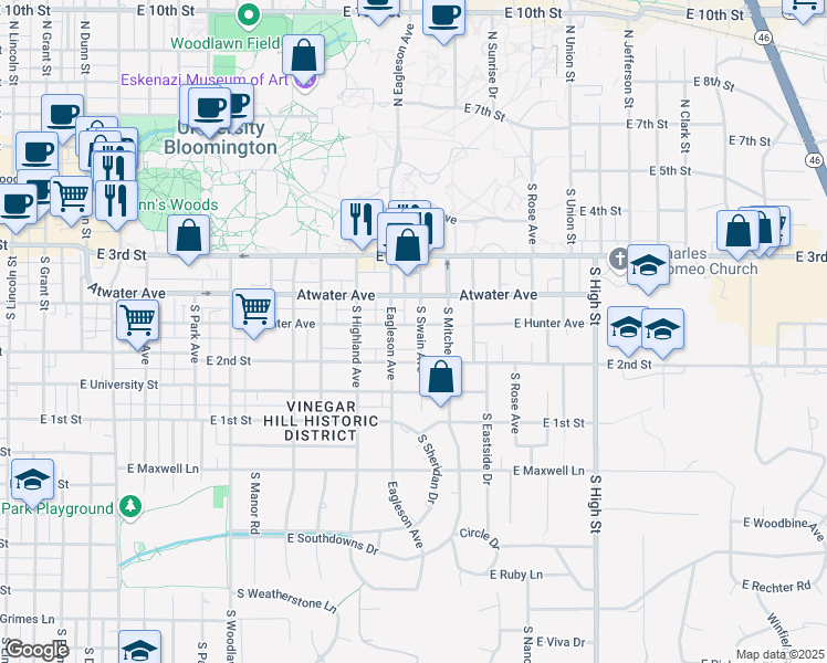 map of restaurants, bars, coffee shops, grocery stores, and more near 500 South Swain Avenue in Bloomington